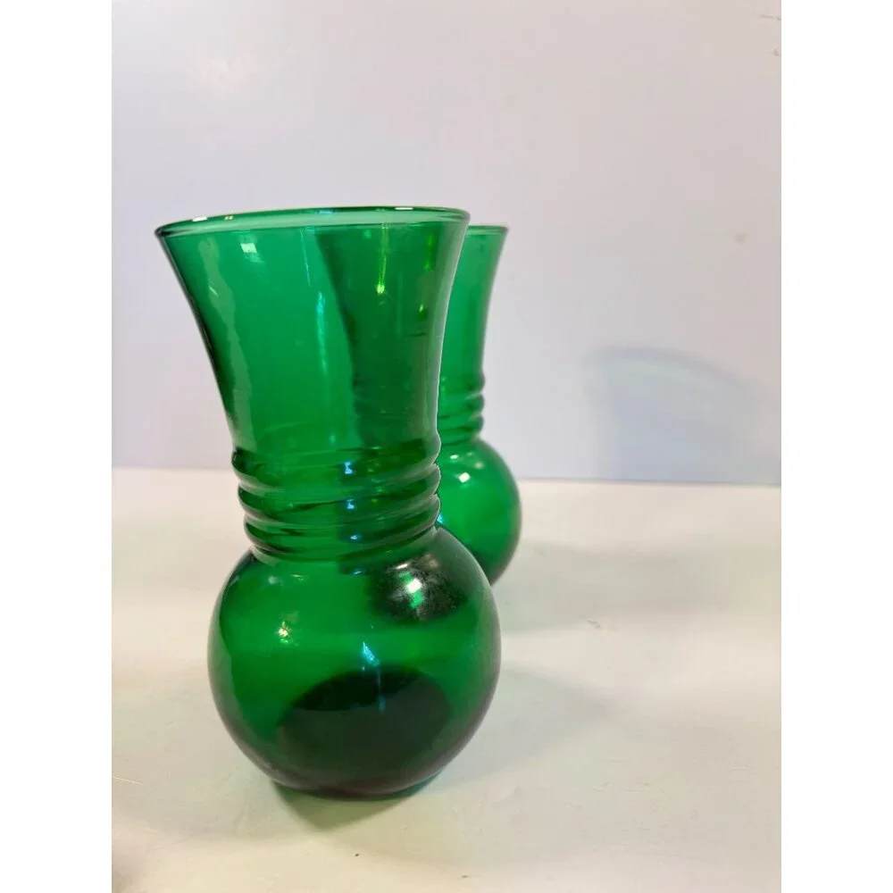 Vintage Mid Century Anchor Hocking Ribbed Forest Green Glass Vase Lot of 2